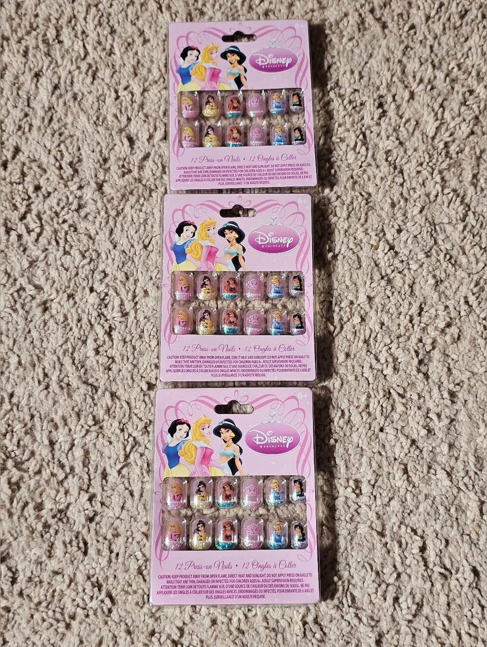 New! Disney Princess Press On Nails for Girls - 3 Pack of 12 Each